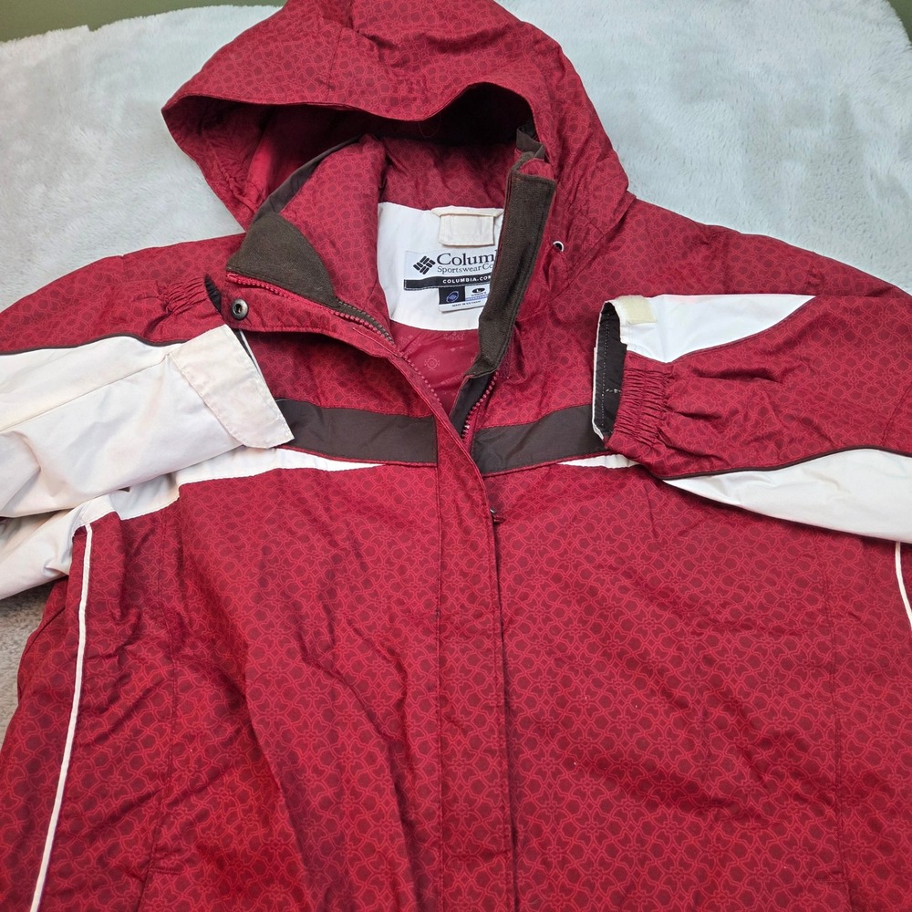 Columbia Interchange Ski Jacket Womens Lg Red Geometric‎ Hooded Waterproof Shell